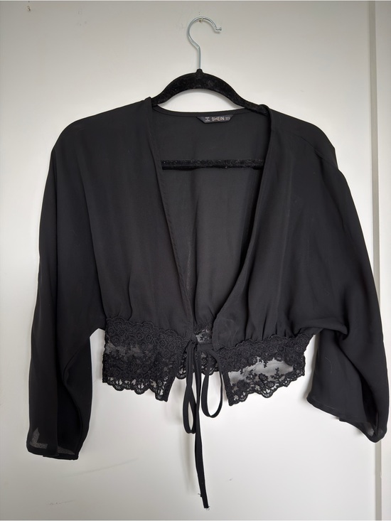 SHEIN Tops - 3/$45 Black Lace-Trim Tie Front Kimono